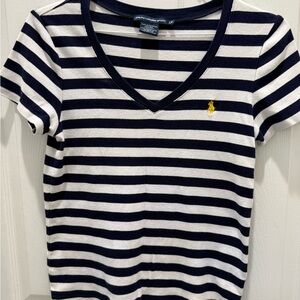 Ralph Lauren Sport Navy and White Striped Tee Large